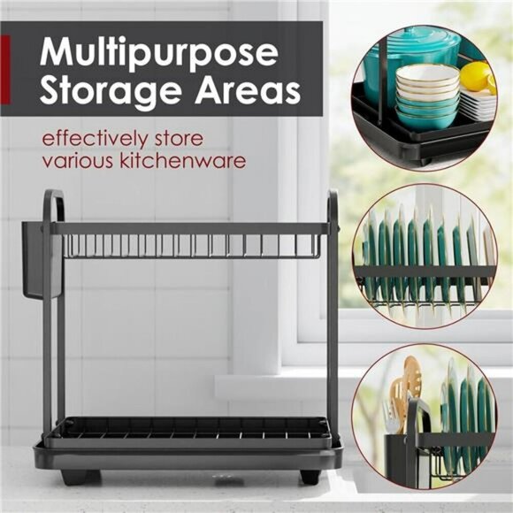 2-Tier Dish Drying Rack Stainless Steel Kitchen Organizer with Drainboard and Ho - Picture 3 of 7